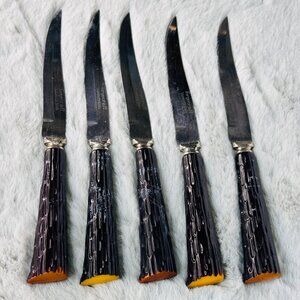 Vintage Forgecraft Knives Stainlessl Steak Knives 5 Set Mirilium Bakelite Antler